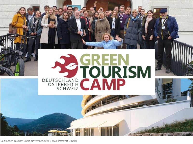 Green Tourism Camp Logo vor Gruppenbild und Hotelfoto
